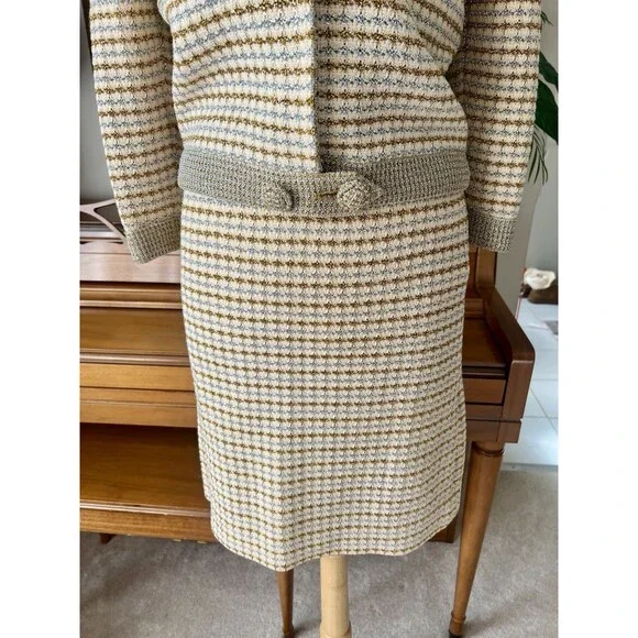 Vintage CISA OF ITALY Knit Cream Skirt Suit, Gold Silver Check Pattern, Size 10
